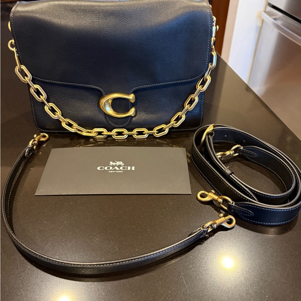 Coach Black Leather Shoulder Bag with Gold Chain
